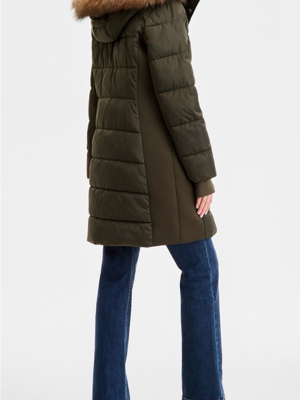 Michael Kors Olive Green Quilted Puffer Coat with Faux Fur Hood